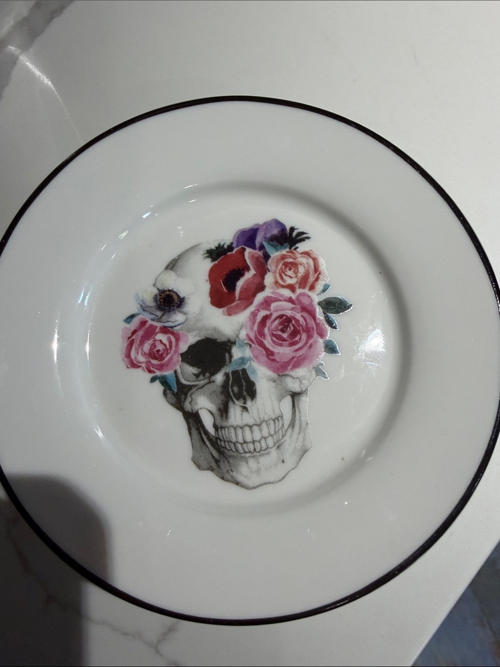 Decorative Skull Plate with Pink & Red Floral Accent
